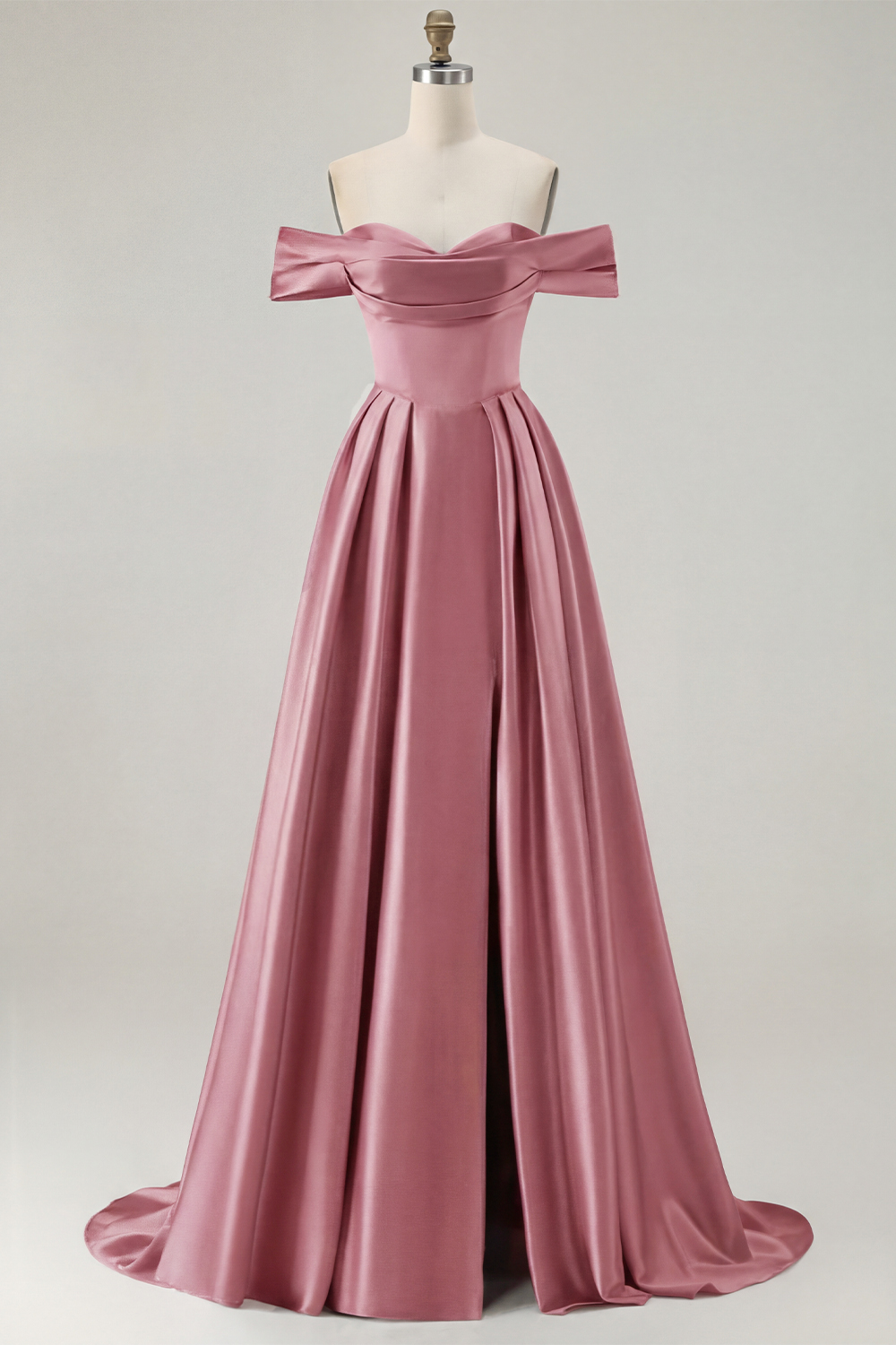 Blue A Line Off the Shoulder Long Satin Prom Dress with Slit