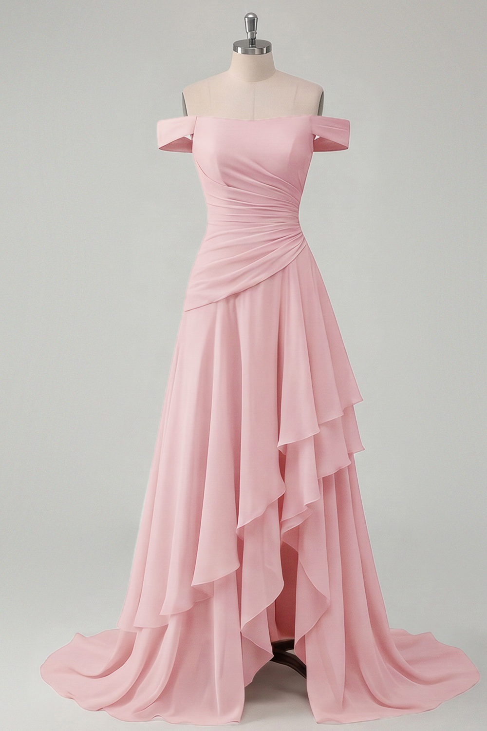 Off the Shoulder Ruched A Line Butter Yellow Ruffled Prom Dress with Slit