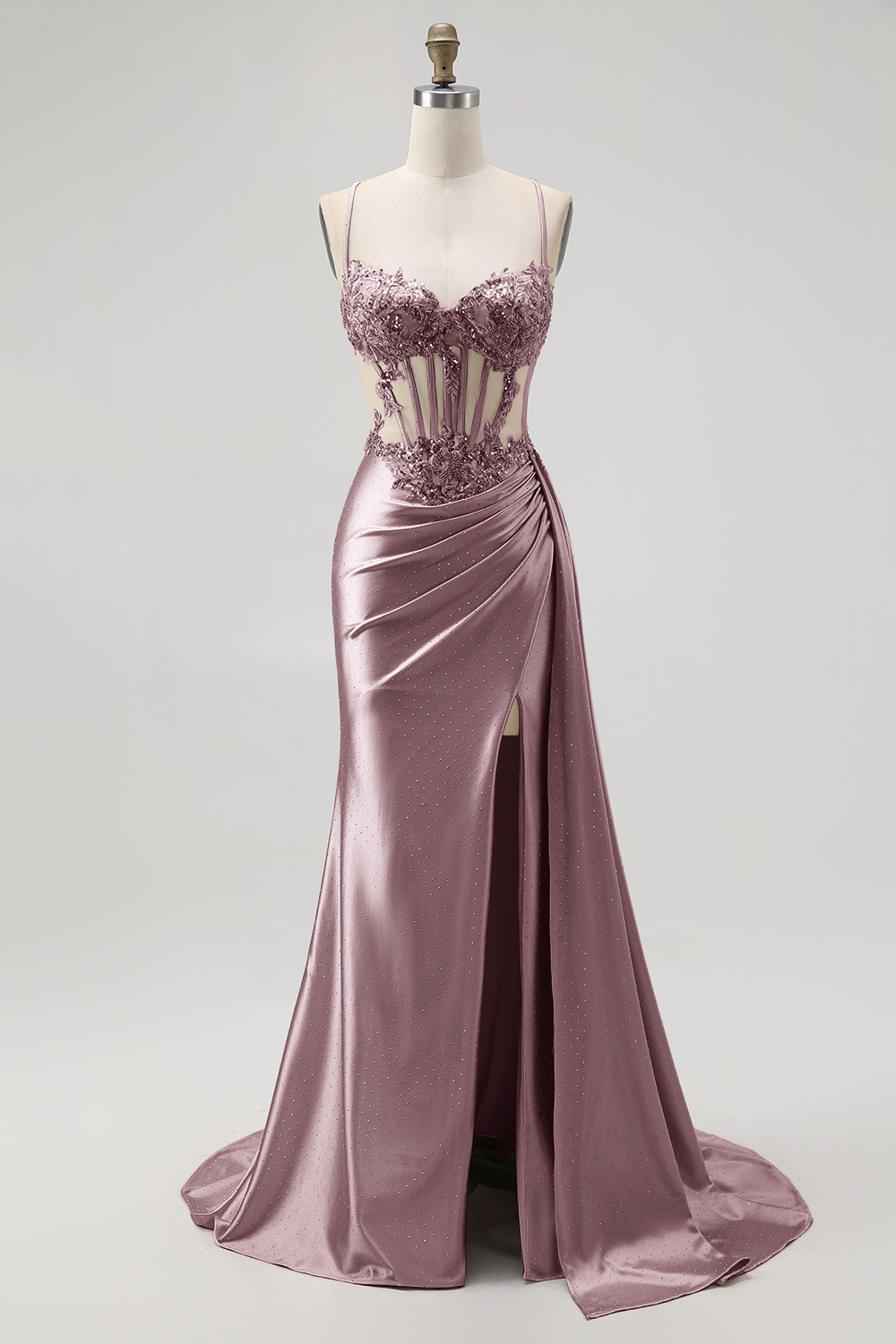Sparkly Champagne Mermaid Ruched Long Satin Prom Dress with Beading