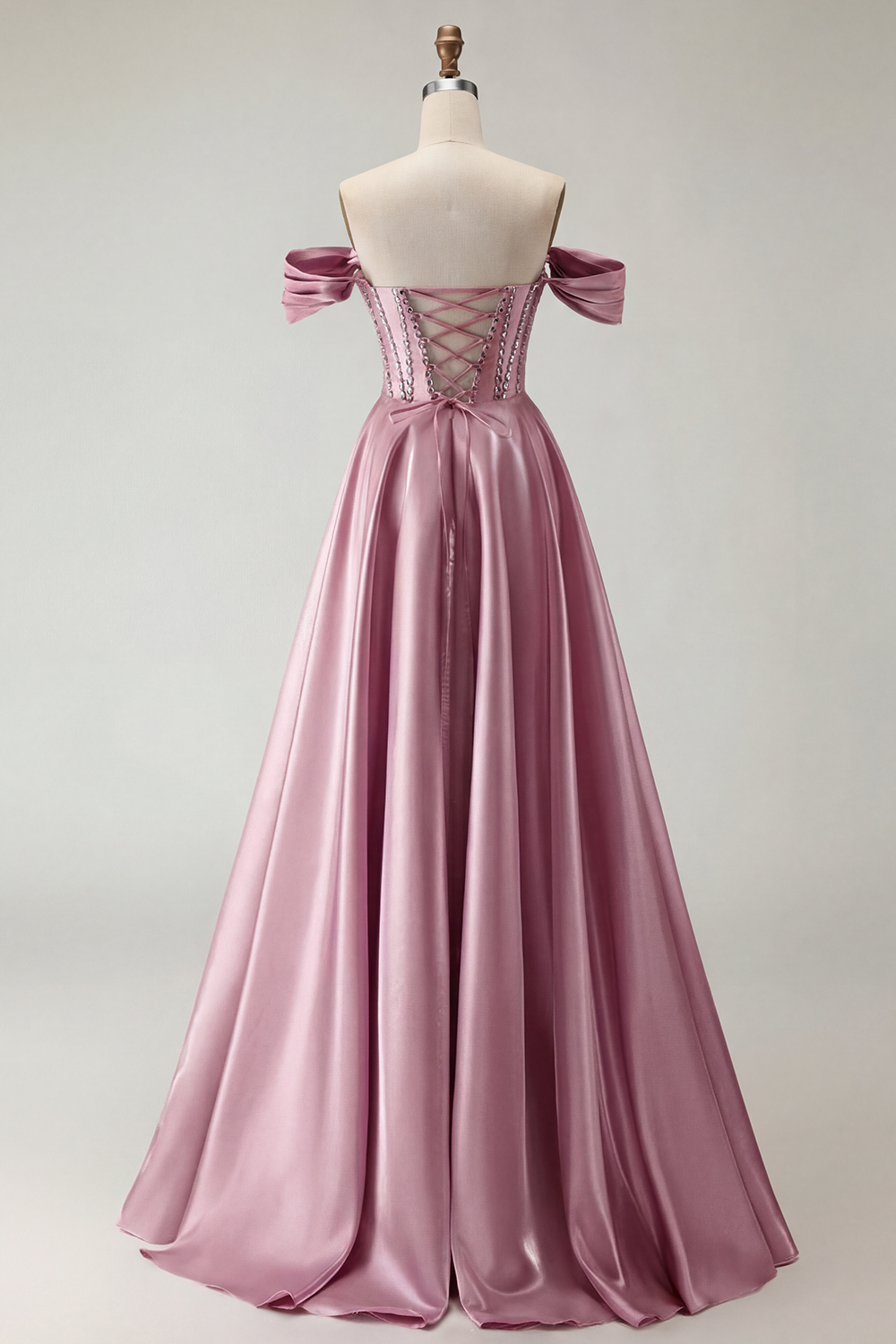 Sparkly Purple A-Line Satin Off the Shoulder Long Corset Prom Dress with Slit