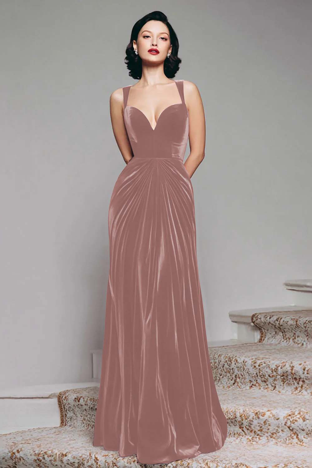 Elegant Burgundy Velvet Mermaid Thick Straps Long Holiday Party Dress