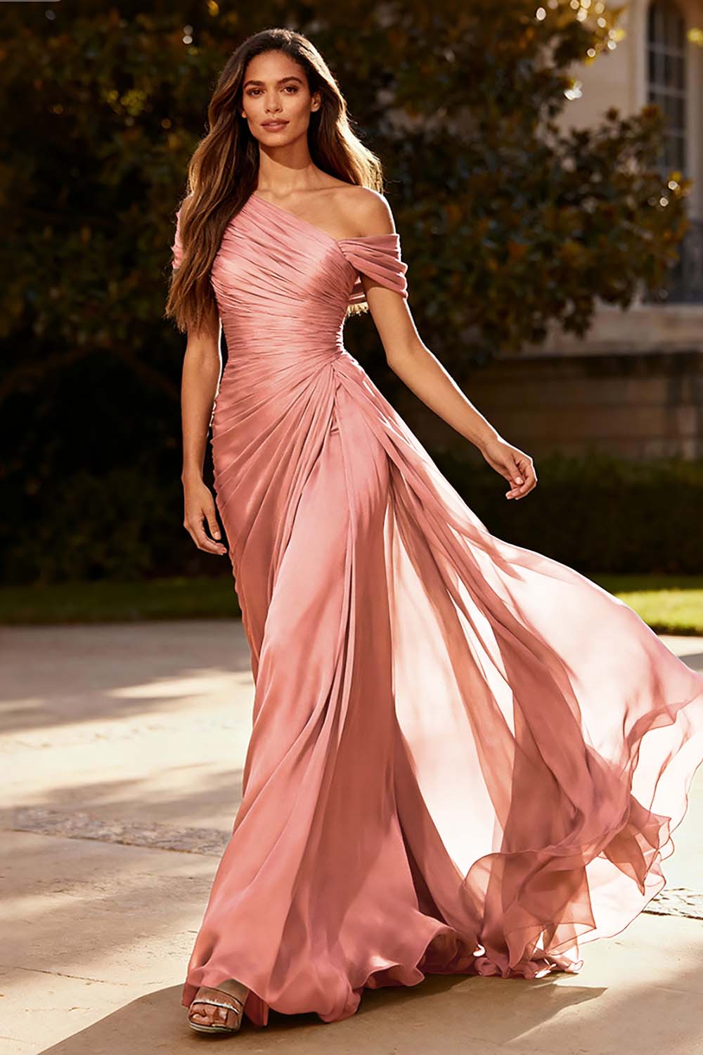 Dusty Sage One Shoulder Chiffon Ruched Long Formal Dress with Side Cape