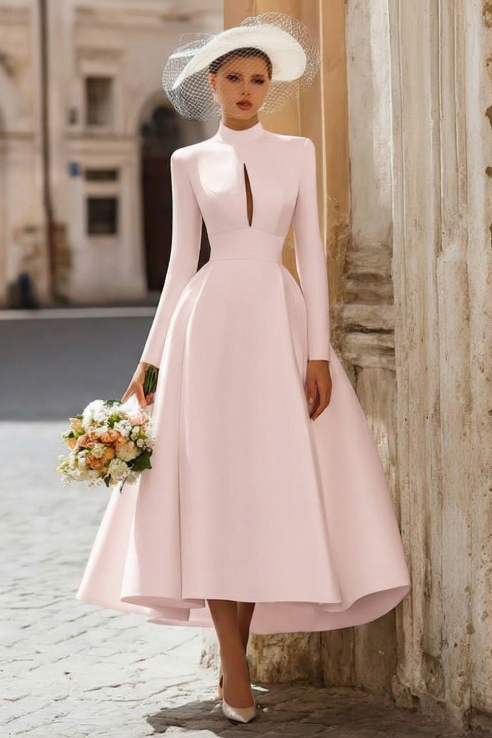 Vintage Ivory High Neck A Line Keyhole Long Sleeves Wedding Dress