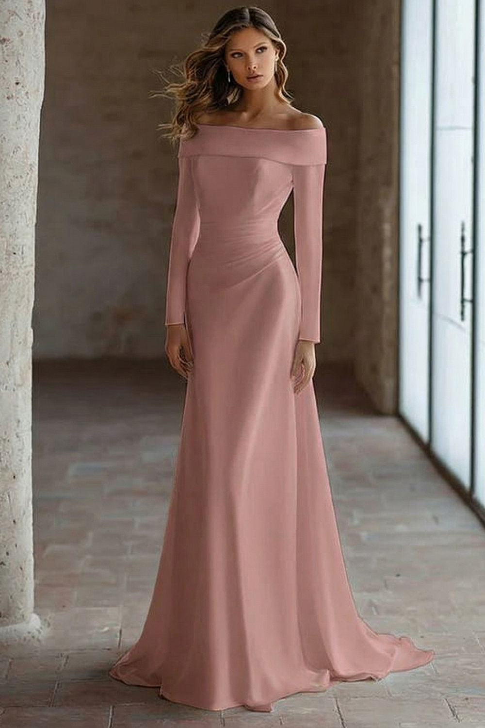 Ivory Satin Off the Shoulder Sweep Train Wedding Reception Dress with Sleeves