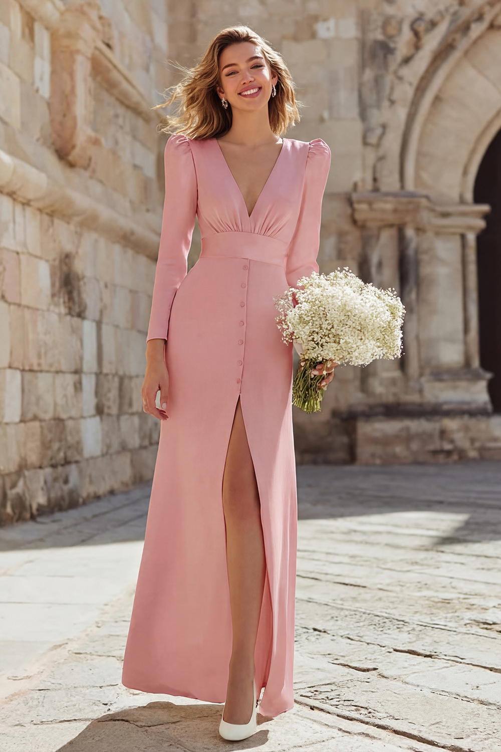 Ivory Sheath V-Neck Long Sleeves Rehearsal Dinner Dress with Slit