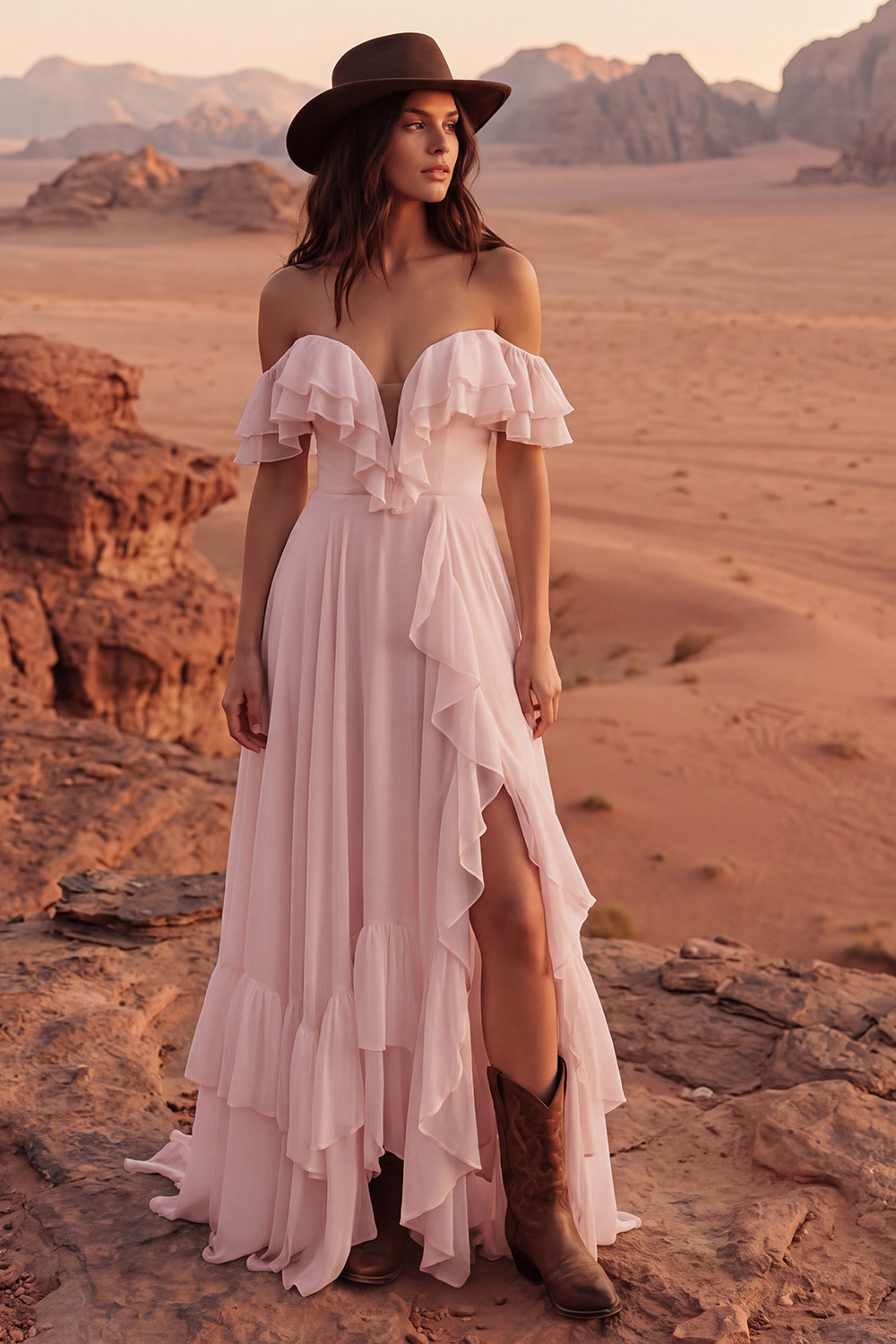 Ivory A Line Off the Shoulder Maxi Beach Engagement Dress with Ruffles