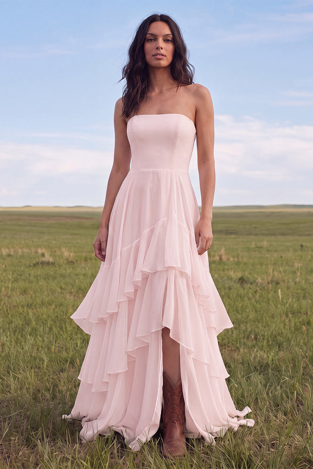 Ivory Strapless A Line Sweep Train Ruffled Beach Engagement Dress with Slit