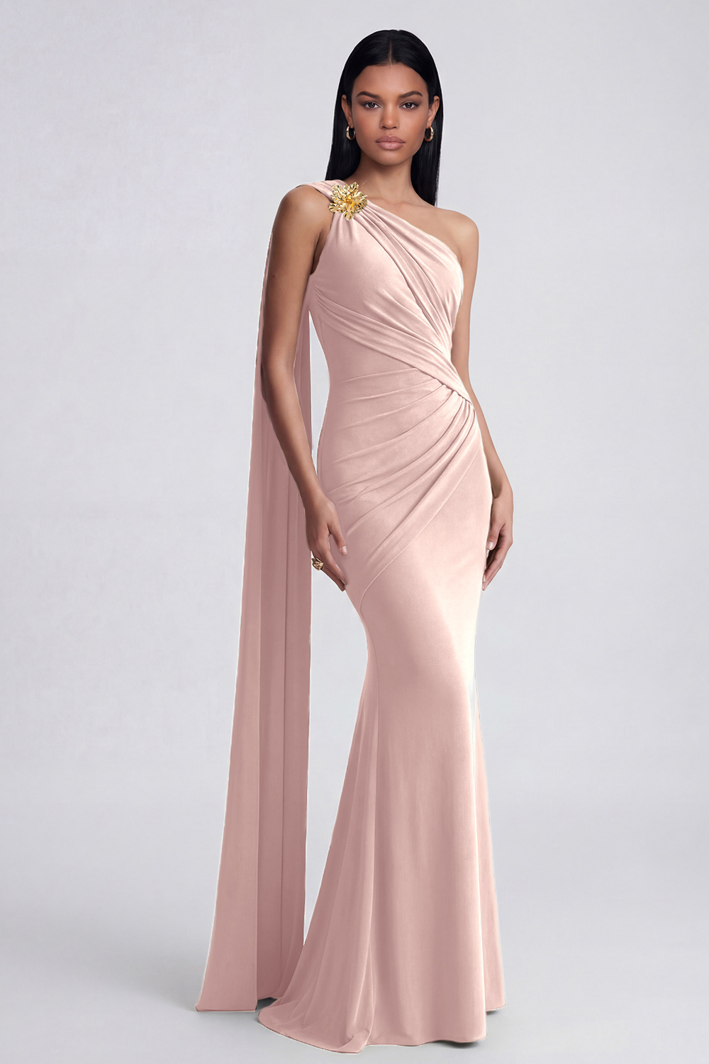 Olive Floral Ruched One Shoulder Long Mermaid Formal Dress with Side Cape