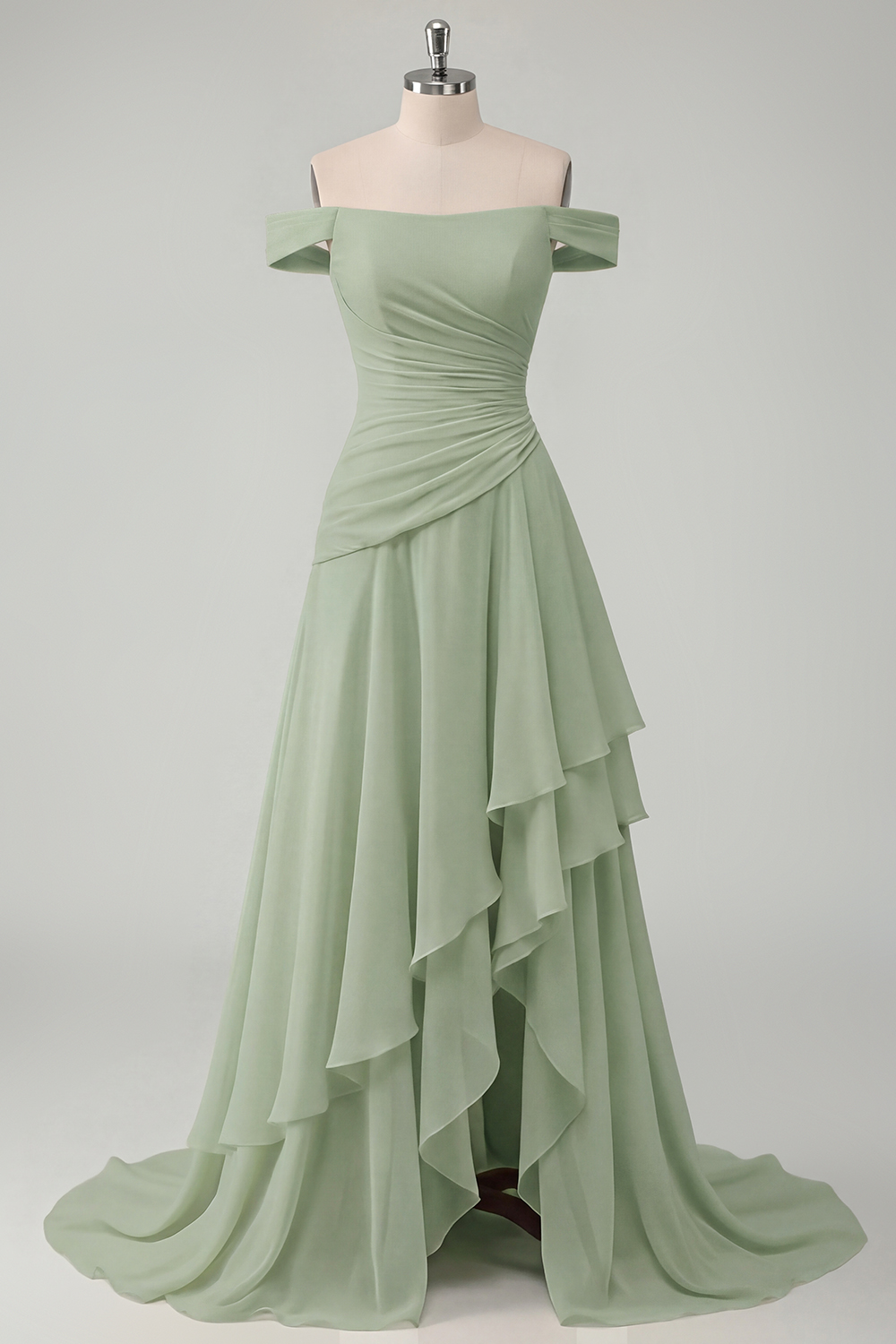 Off the Shoulder Ruched A Line Butter Yellow Ruffled Prom Dress with Slit