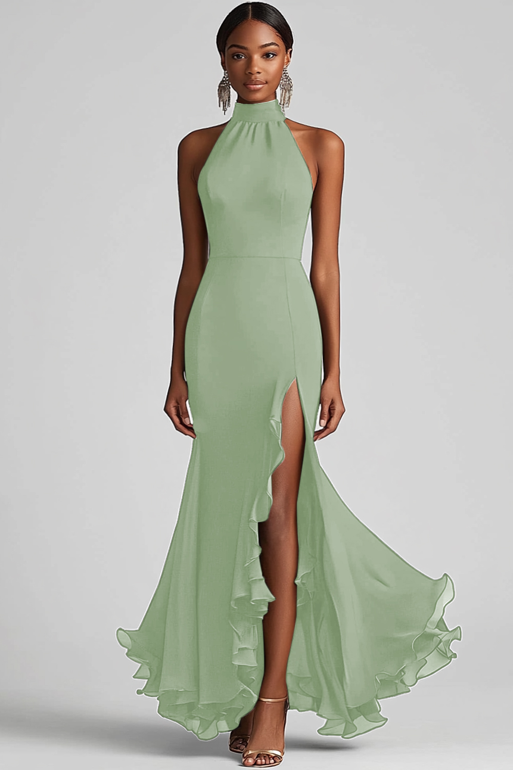 Elegant Black Halter Neck Mermaid Long Formal Dress with Ruffles