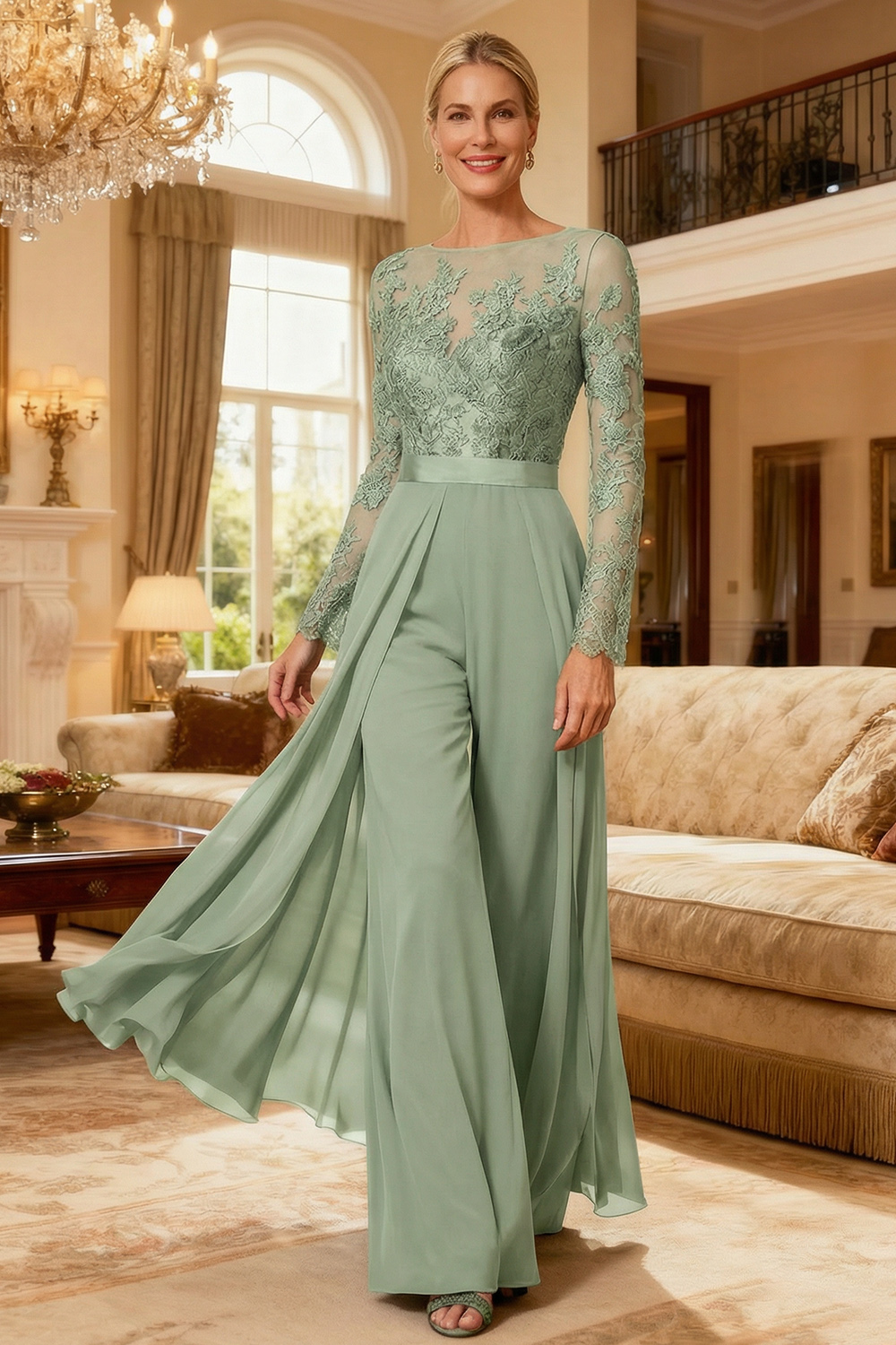 Black Illusion Neck Chiffon Mother of the Bride Pant Suits with Side Cape