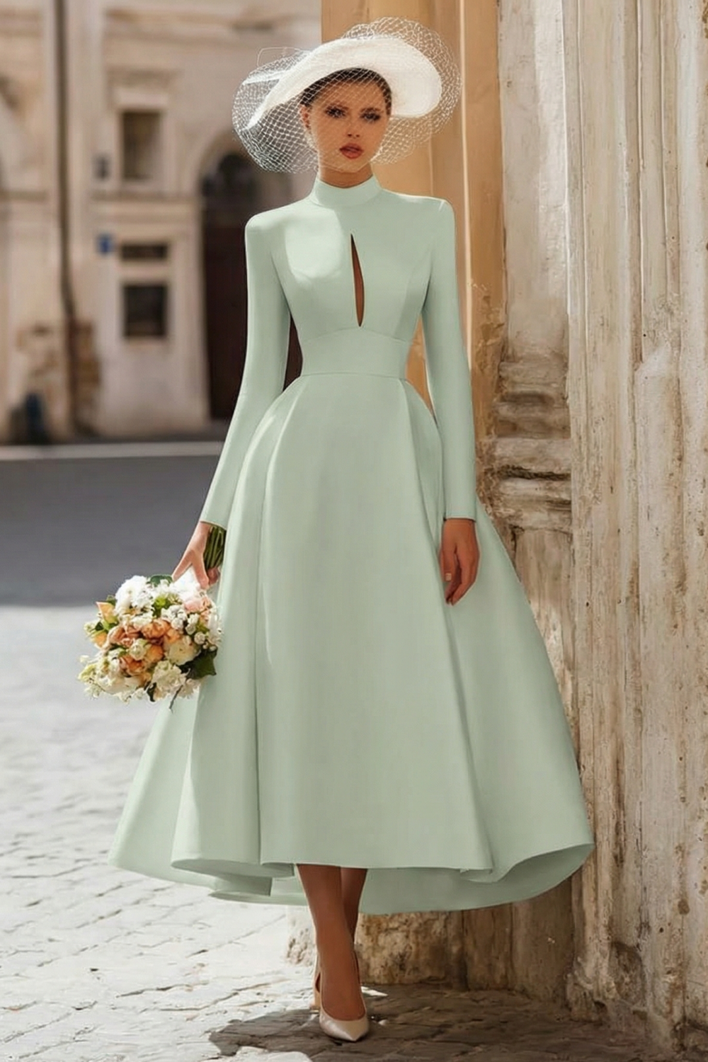 Vintage Ivory High Neck A Line Keyhole Long Sleeves Wedding Dress