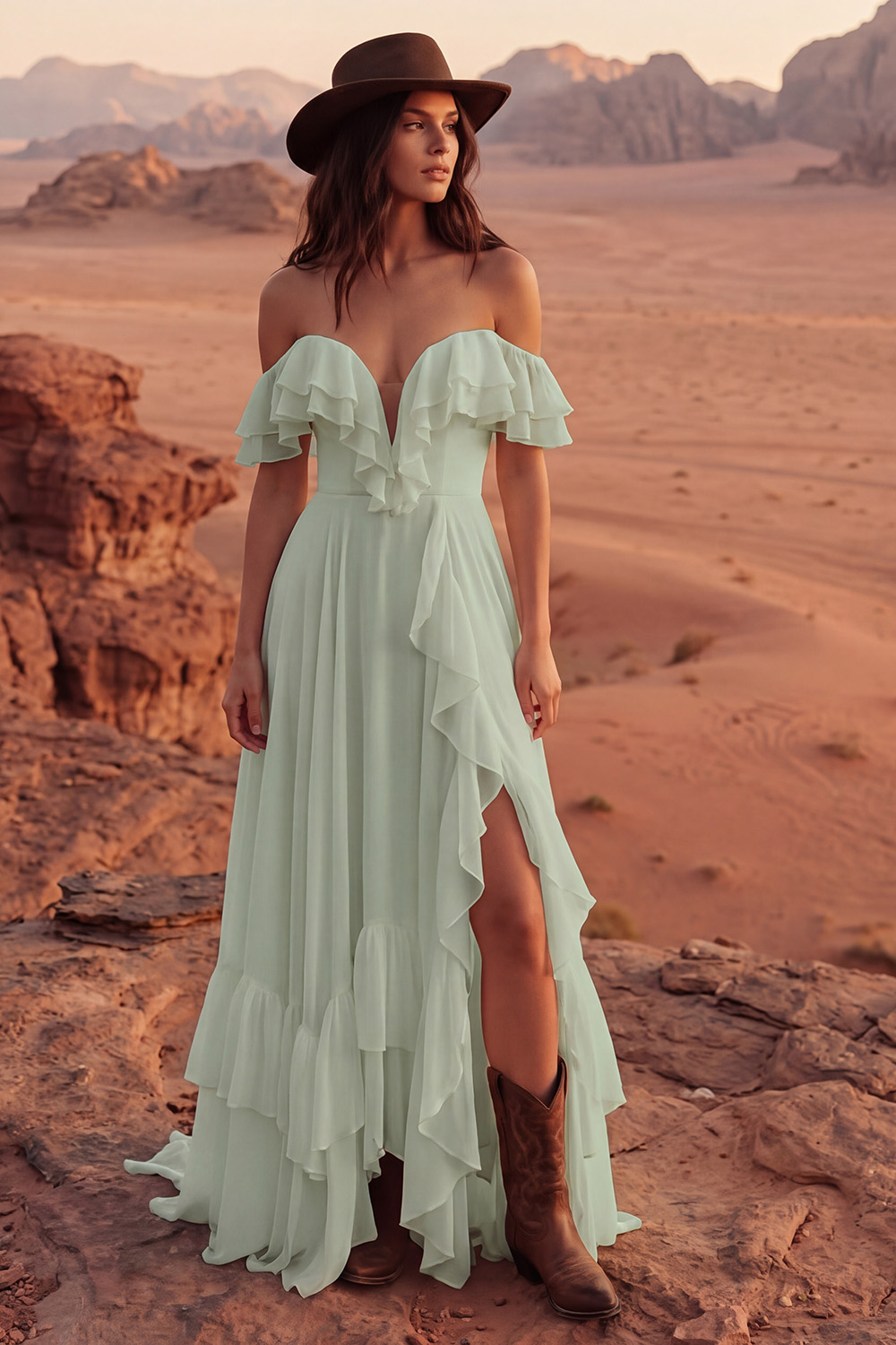 Ivory A Line Off the Shoulder Maxi Beach Engagement Dress with Ruffles