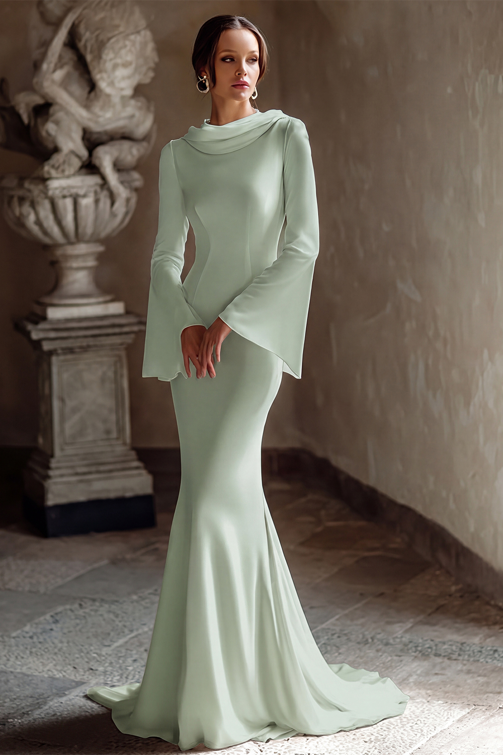 Ivory Mermaid Chiffon Cowl Neck Sweep Train Vintage Wedding Dress