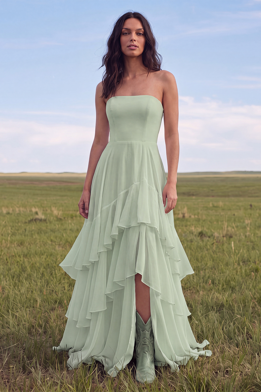 Ivory Strapless A Line Sweep Train Ruffled Beach Engagement Dress with Slit