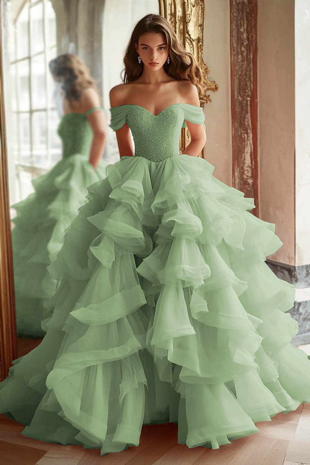 Pink Ball Gown Tulle Off the Shoulder Tiered Long Prom Dress