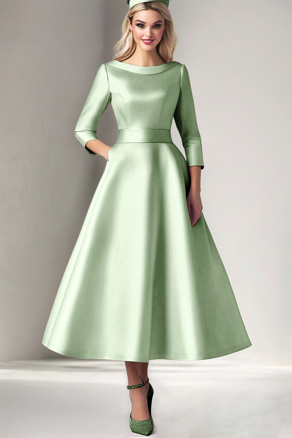 Pink Boat Neck A-Line Satin Tea Length Mother of the Bride Dress with 3/4 Sleeves