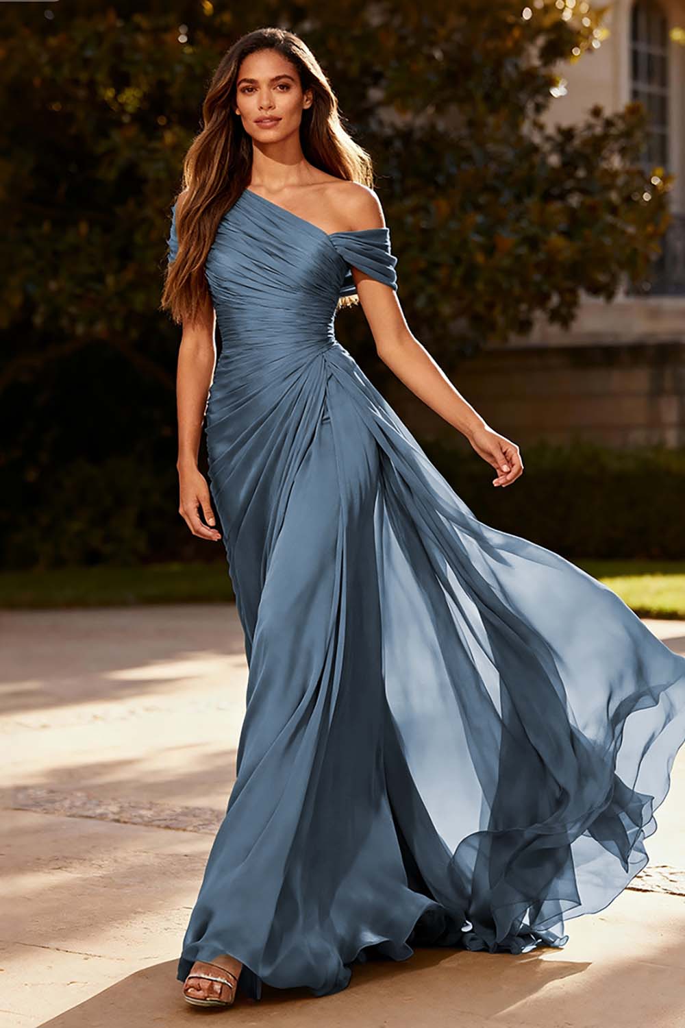 Dusty Sage One Shoulder Chiffon Ruched Long Formal Dress with Side Cape