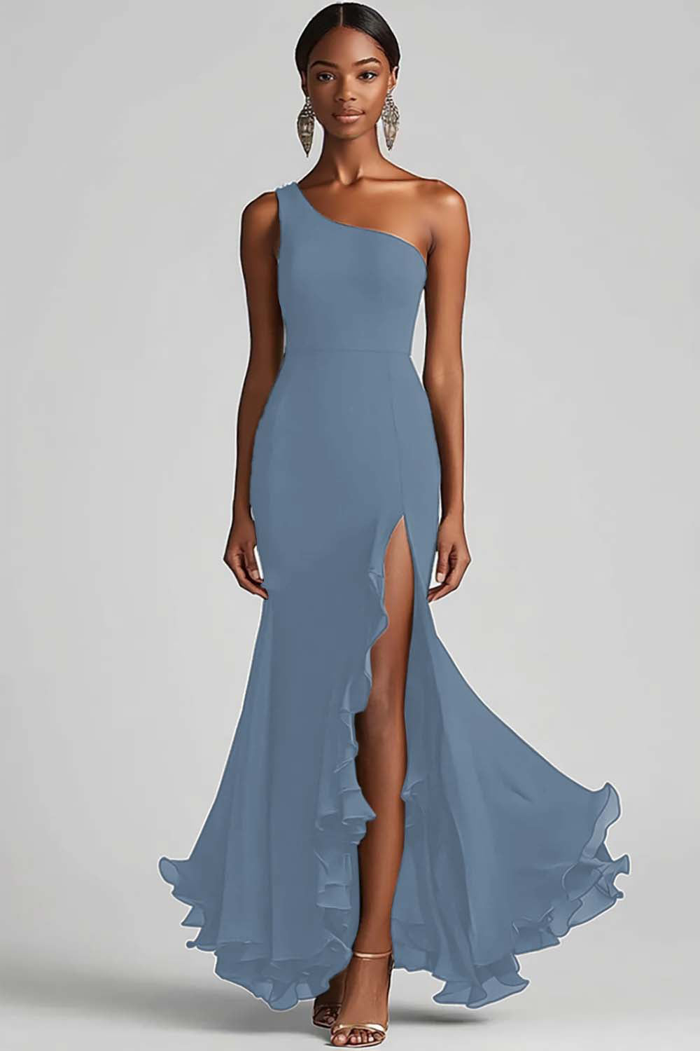 Flowy Black One Shoulder Long Chiffon Formal Dress with Slit