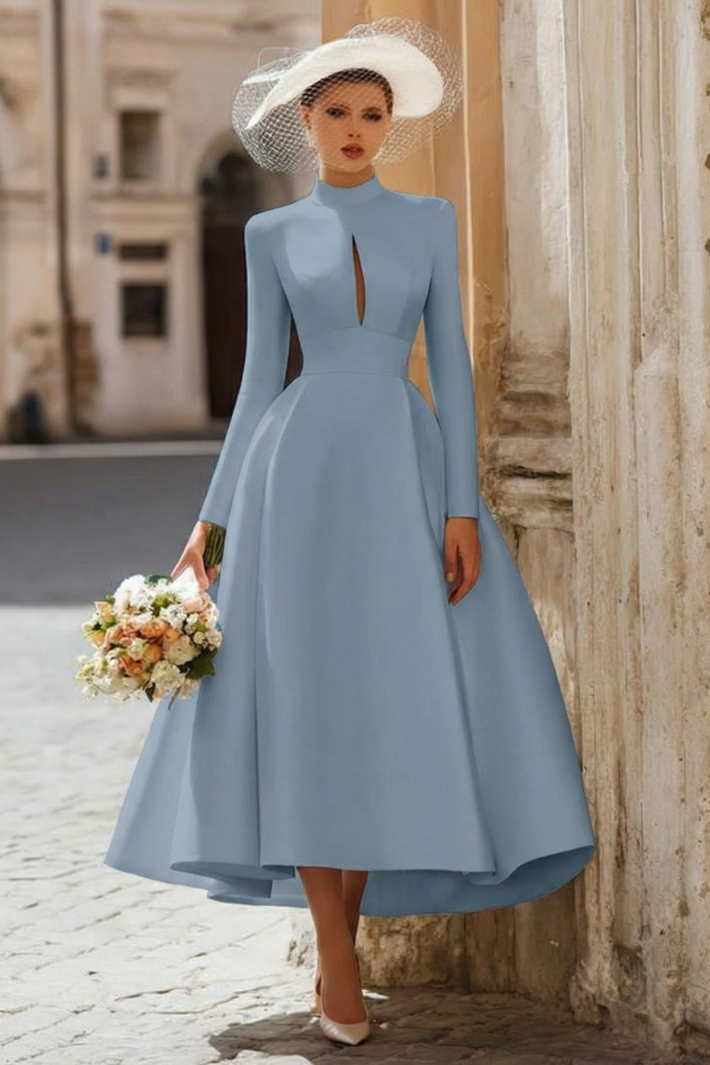 Vintage Ivory High Neck A Line Keyhole Long Sleeves Wedding Dress