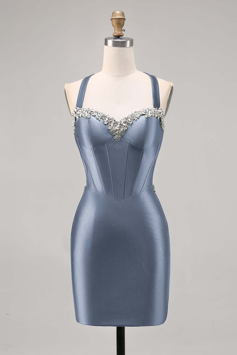 Sparkly Dark Green Satin Corset Short Tight Homecoming Dress with Beading