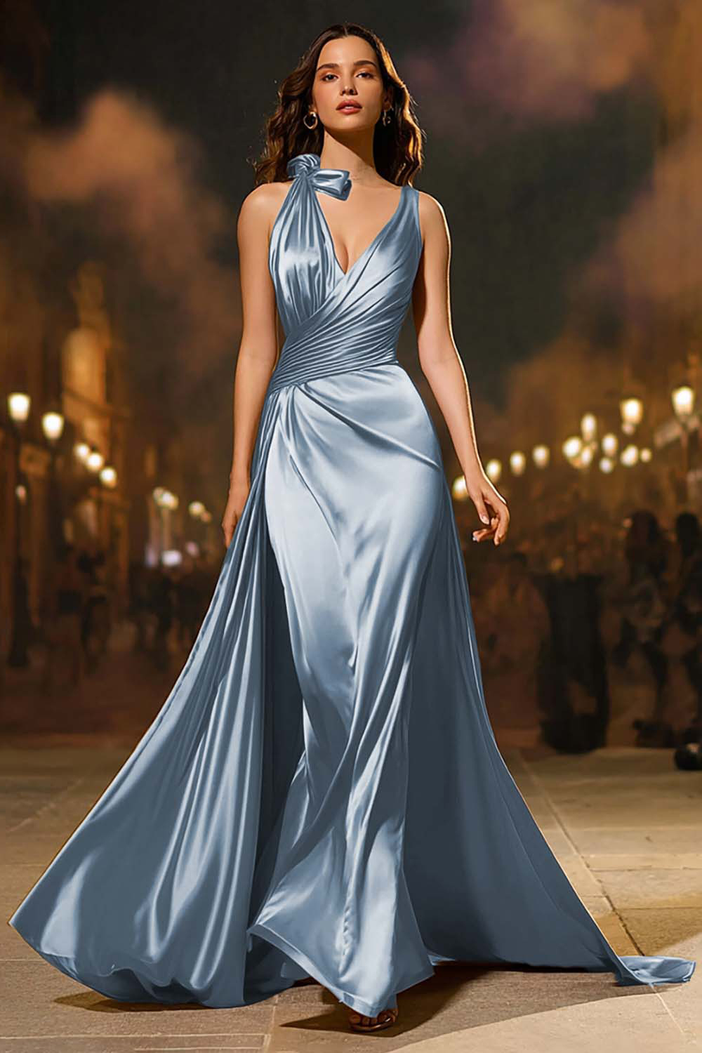 Gold Satin Mermaid V-Neck Ruched Long Formal Dress with Cape