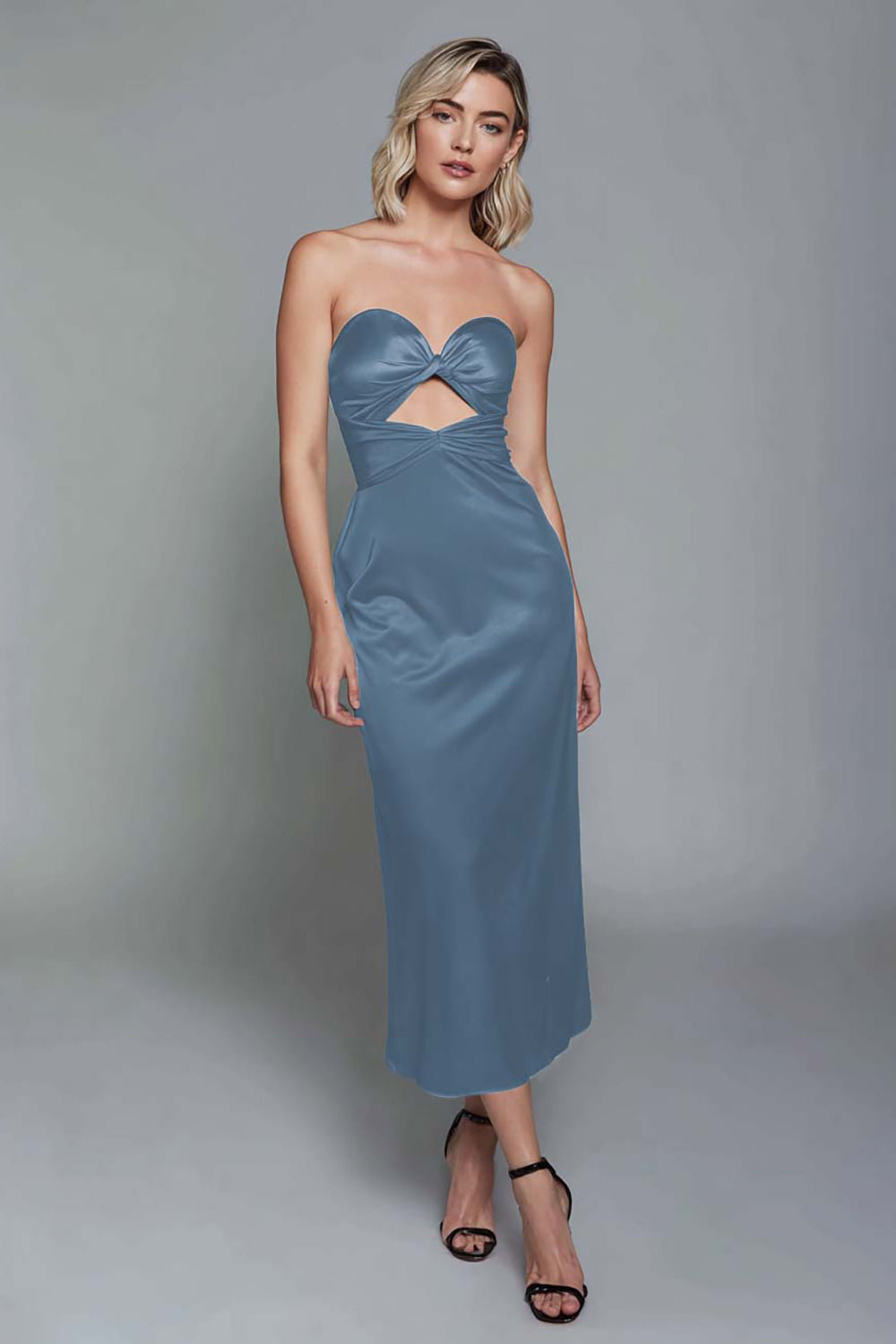 Dusty Blue Sweetheart Sheath Cut Out Satin Maxi Formal Dress