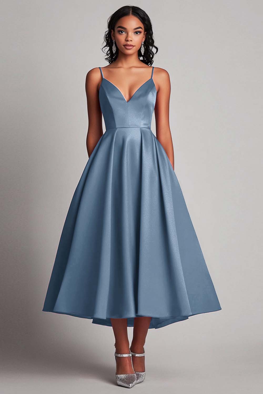 Modest Spaghetti Straps Dark Navy Asymmetrical Long Formal Dress