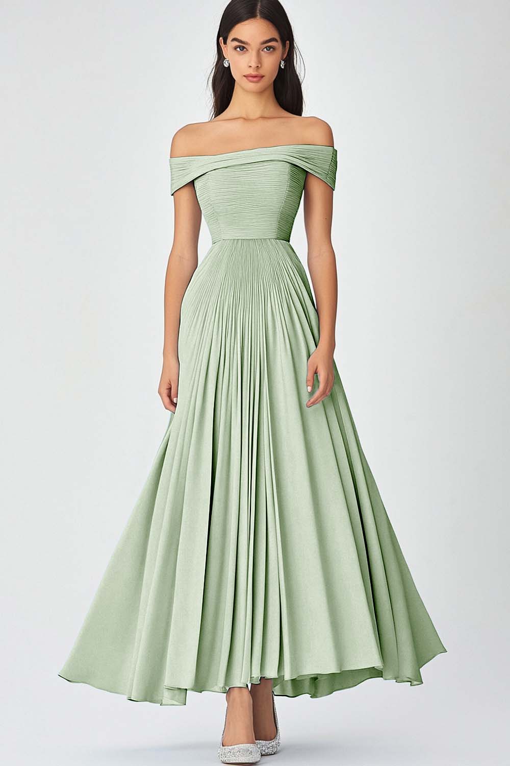 Off the Shoulder Dusty Sage A Line Long Chiffon Formal Dress