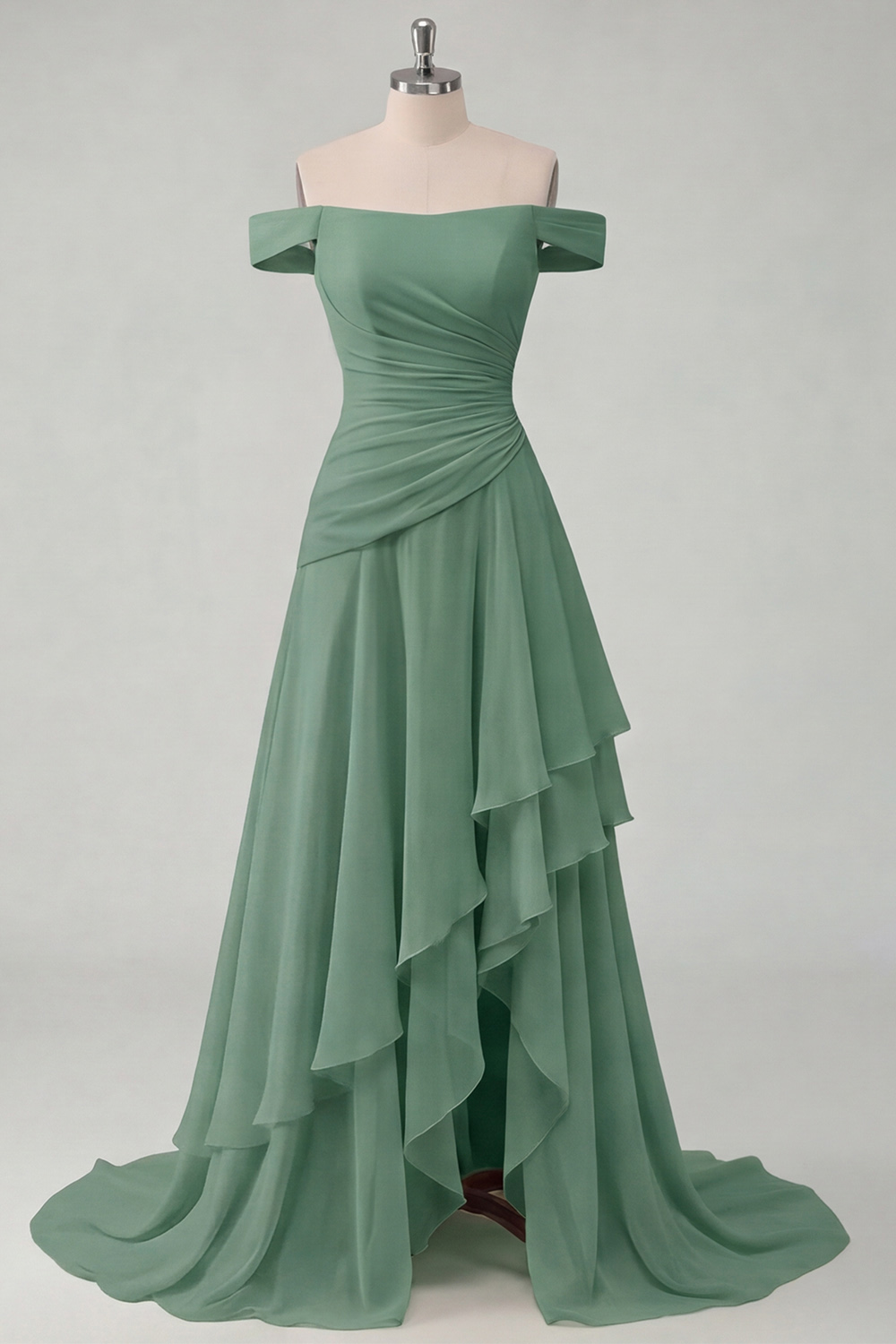 Off the Shoulder Ruched A Line Butter Yellow Ruffled Prom Dress with Slit
