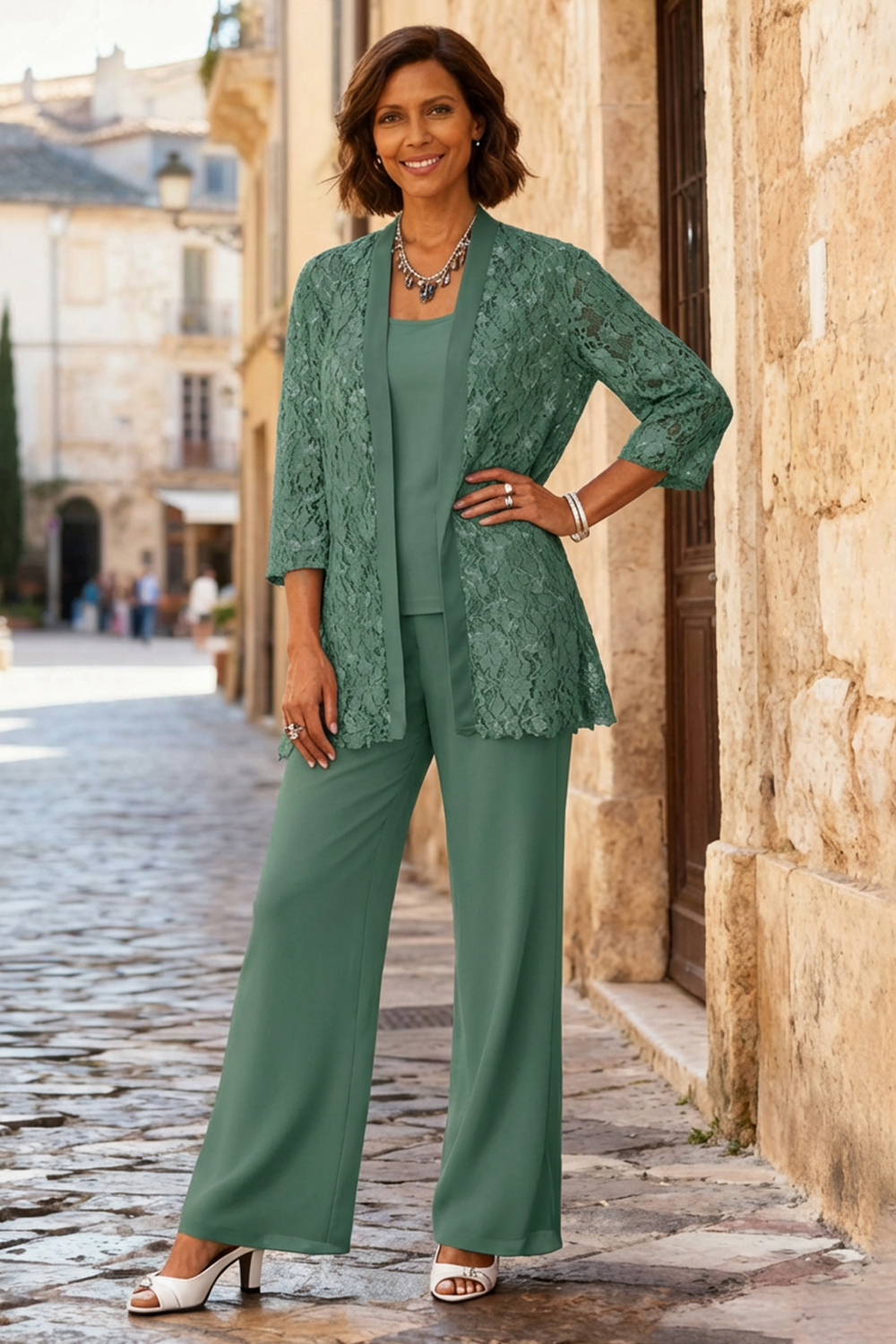 3-Piece Light Grey Round Neck Chiffon Mother of the Bride Pant Suits with Jacket