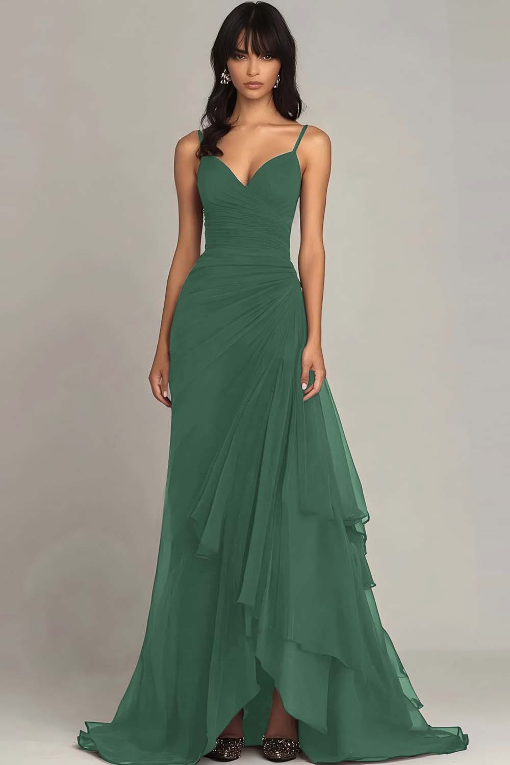 Dark Brown Spaghetti Straps Ruffled Long Chiffon Formal Dress