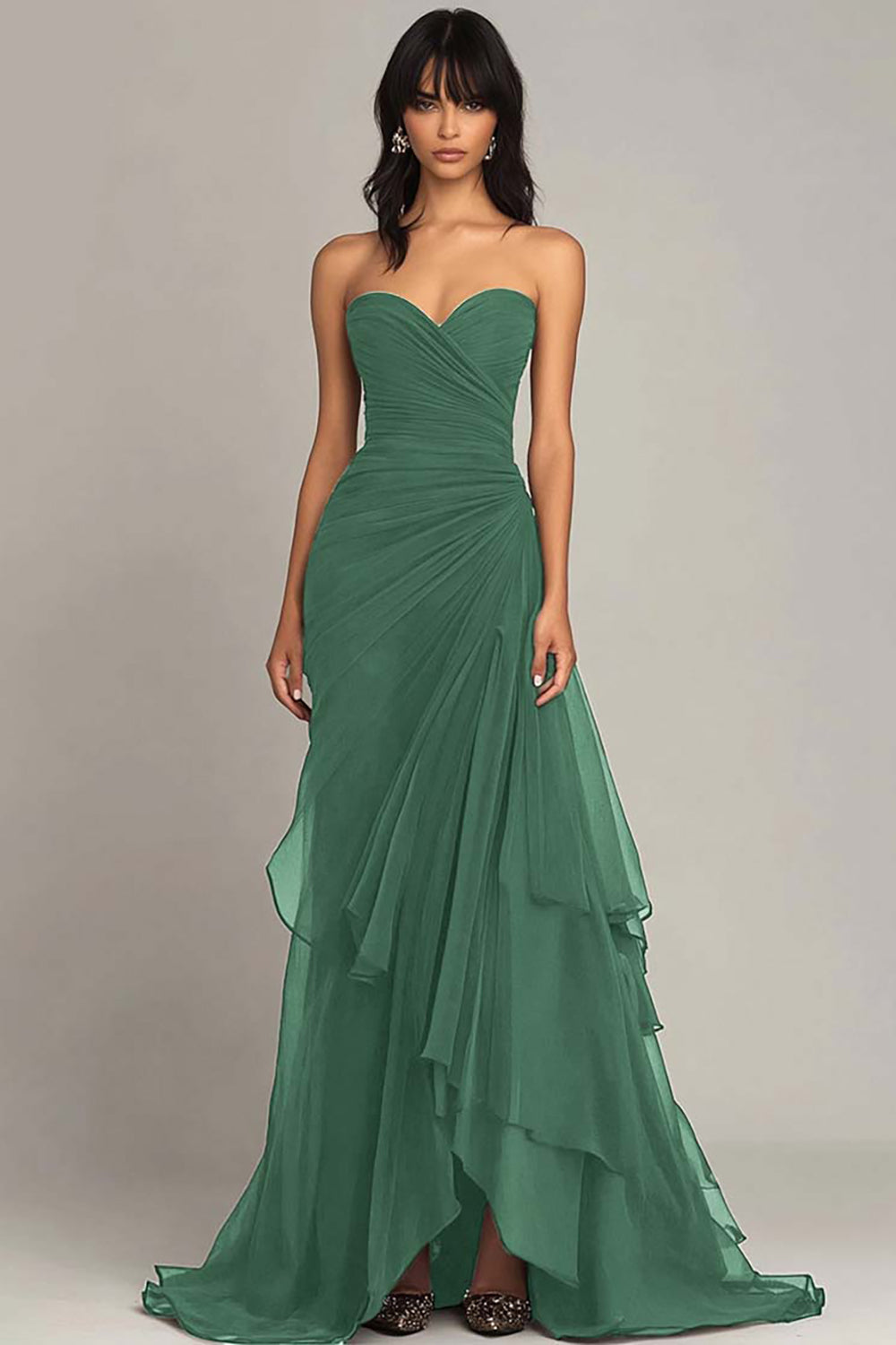 Dark Brown Strapless Tiered Long Chiffon Formal Dress