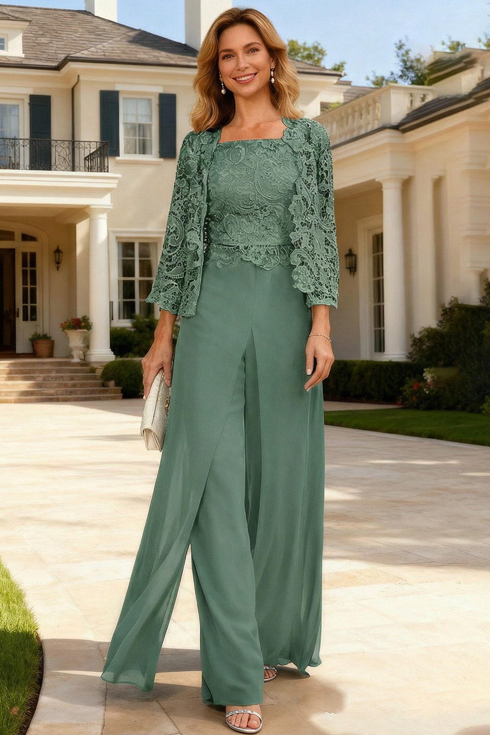 3-Piece Dark Green Chiffon Flowy Mother of the Bride Pant Suits with Jacket