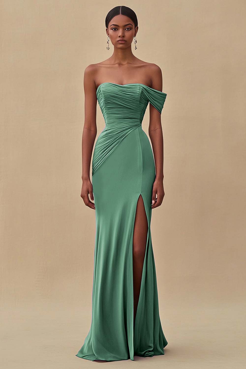 Ink Blue Chiffon Ruched Off the Shoulder Long Formal Dress with Slit
