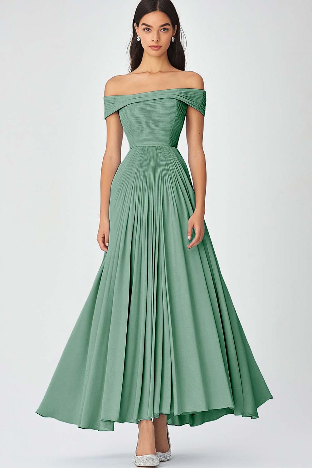 Off the Shoulder Dusty Sage A Line Long Chiffon Formal Dress