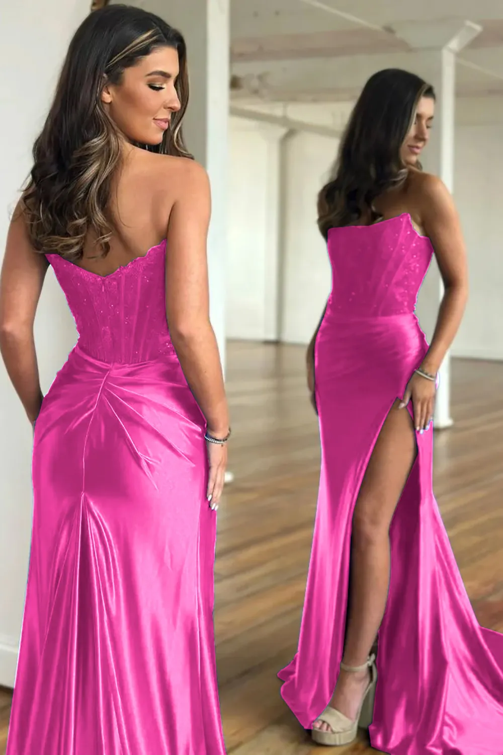 [Copy]Navy Mermaid Sweetheart Long Corset Prom Dress with Slit