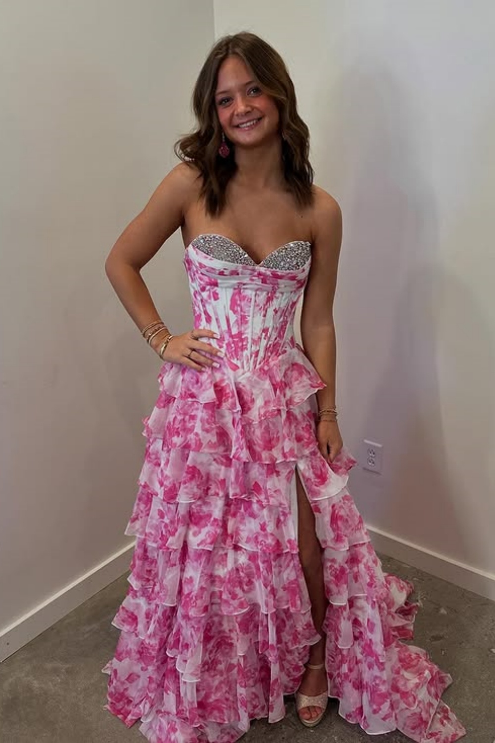 Sparkly Fuchsia Floral Sweetheart Tiered Corset Long Prom Dress with Slit