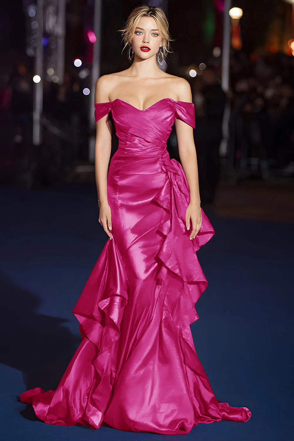 Elegant Red Off the Shoulder Mermaid Long Satin Gala Dress with Ruffles