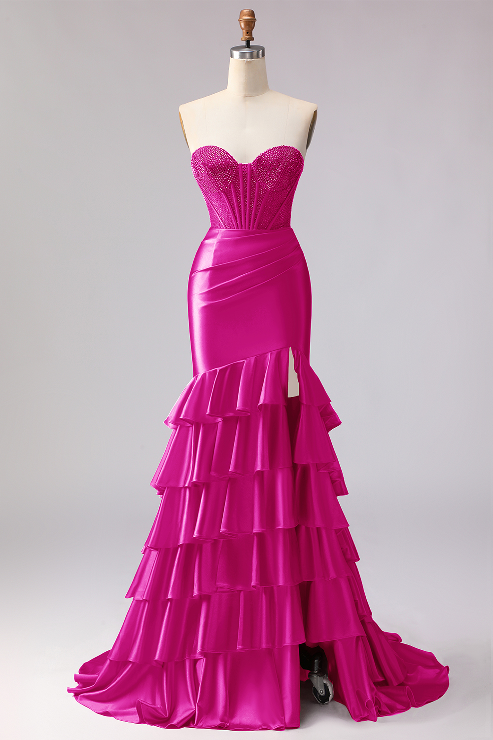 Sparkly Red Beaded Mermaid Sweetheart Ruffled Long Corset Prom Dress