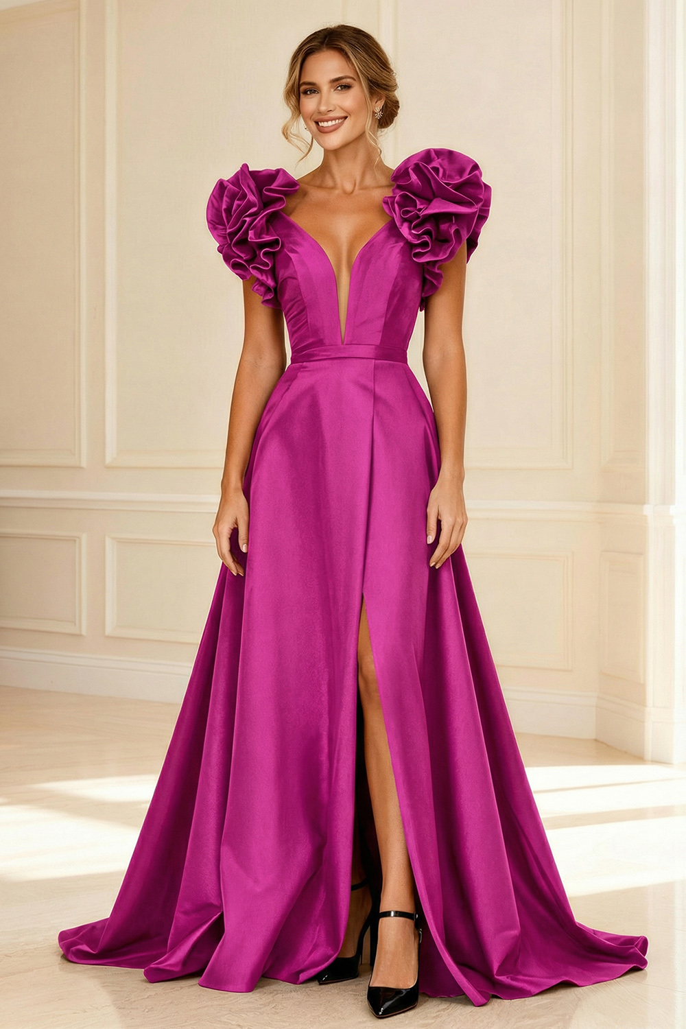 Black A-Line V-Neck Ruffled Long Mother of the Bride Dress