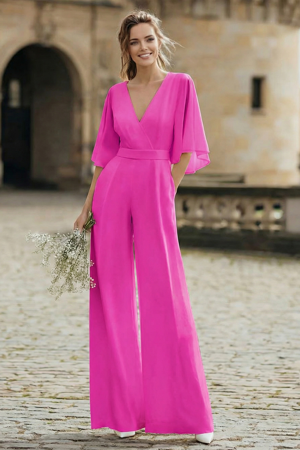 Ivory Half Sleeves V-Neck Wedding Jumpsuits with Pockets