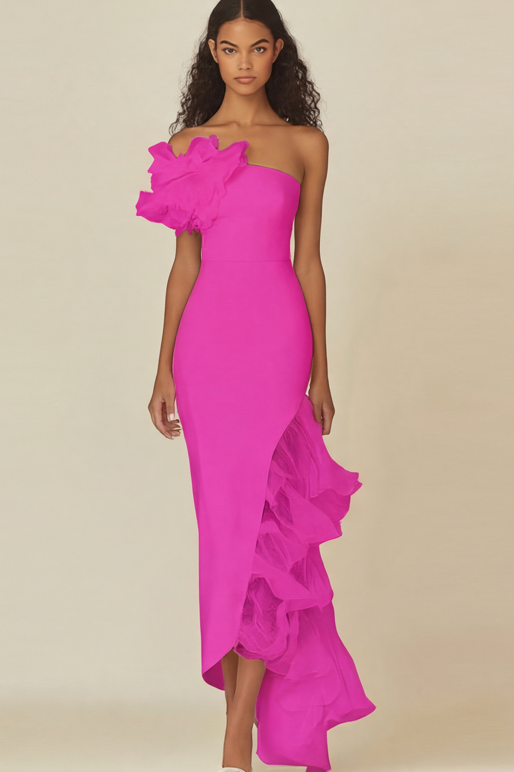 White Sheath Asymmetrical Long Ruffled Rehearsal Dinner Dress