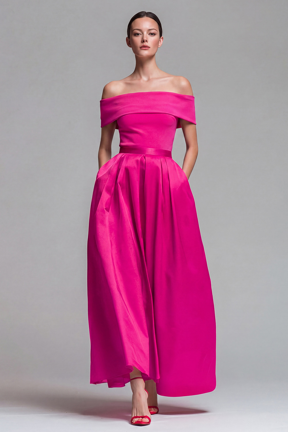 Fuchsia and Red A Line Off the Shoulder Long Patchwork Formal Dress