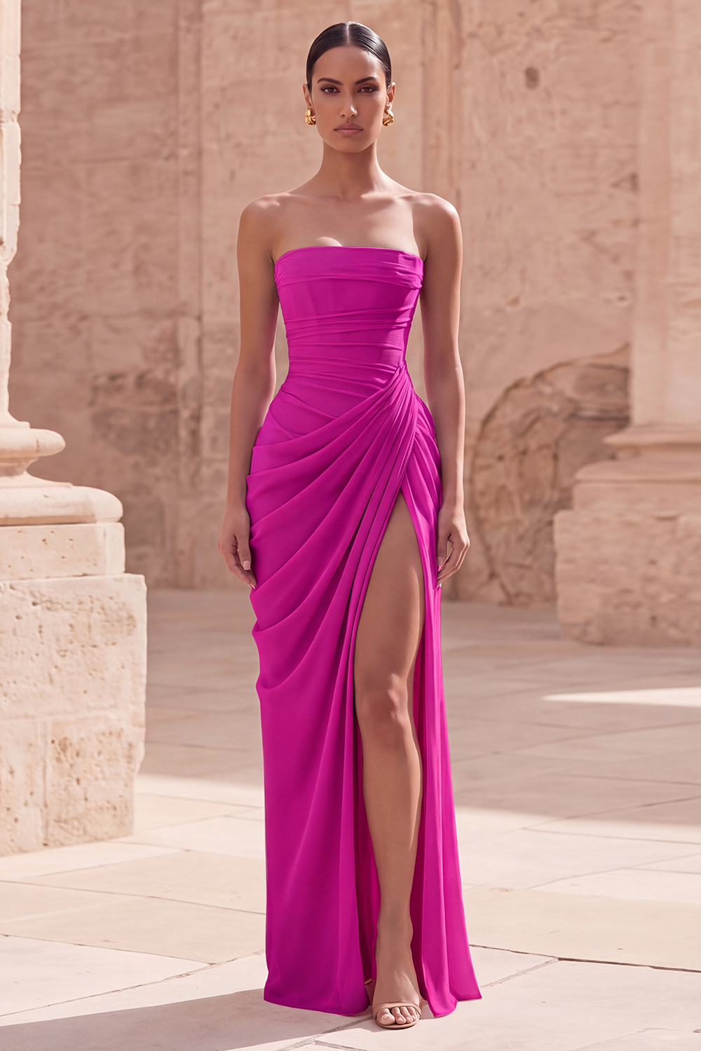 Light Pink Sheath Long Ruched Prom Dress with Slit