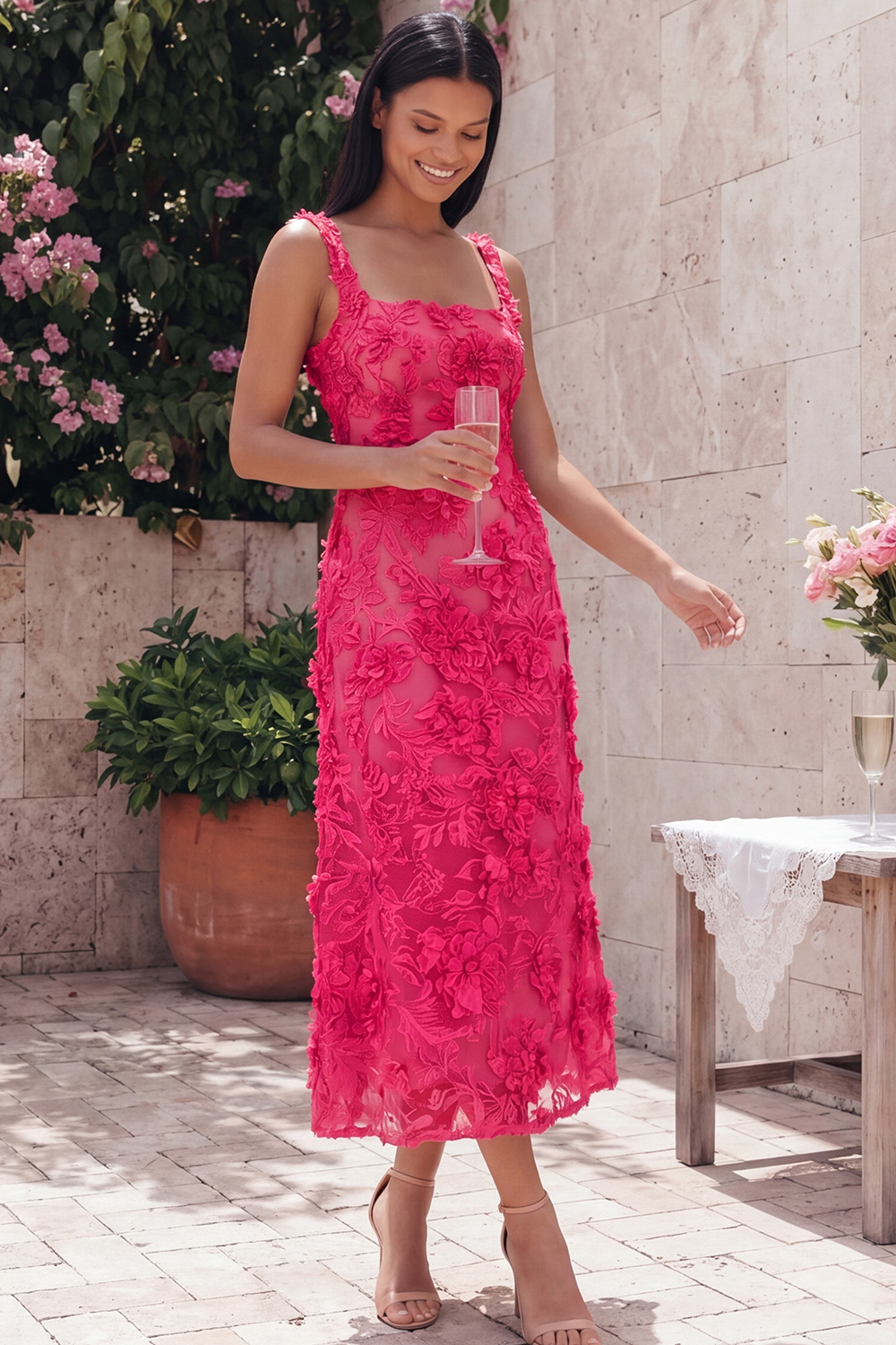 Square Neck A Line Blue Floral Maxi Formal Dress