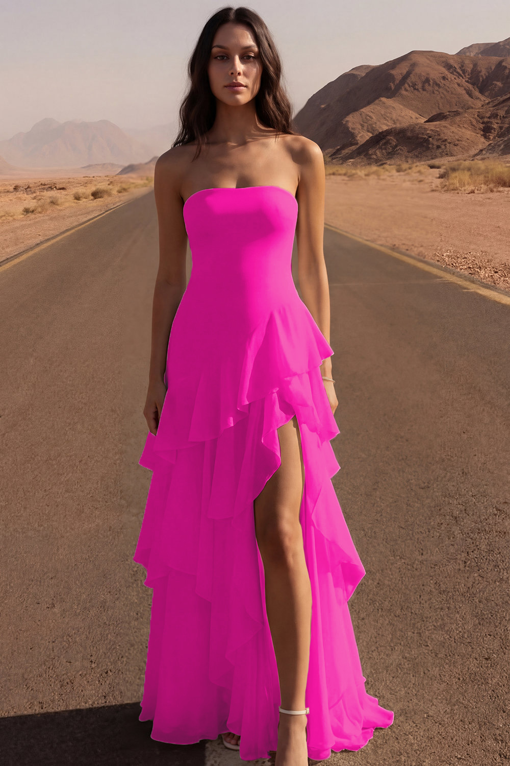 Ivory Strapless Maxi A Line Beach Engagement Dress with Ruffles