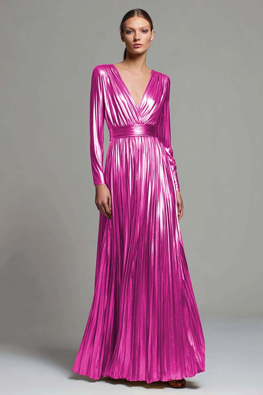Sparkly Gold Metallic Pleated V-Neck A-Line Long Sleeves Formal Dress