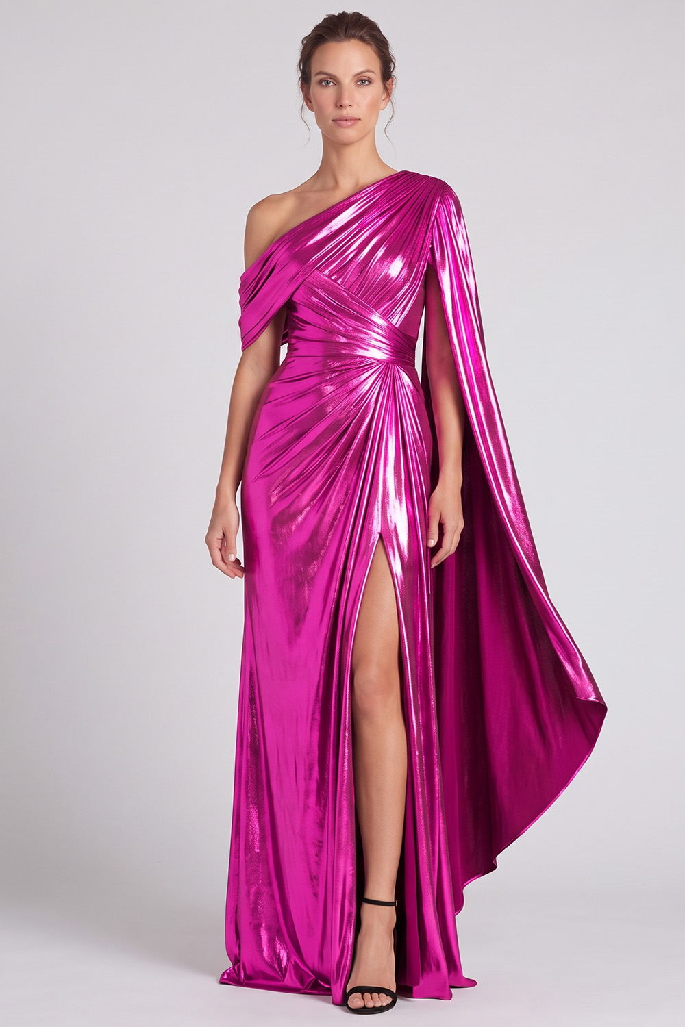 Gold Metallic Sheath Ruched One Shoulder Long Formal Dress with Slit