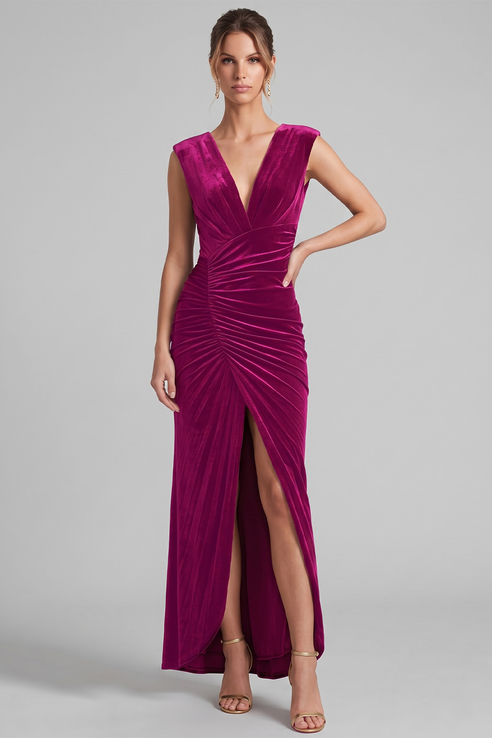 Dark Green Velvet Sheath V-Neck Ruched Maxi Holiday Dress with Slit